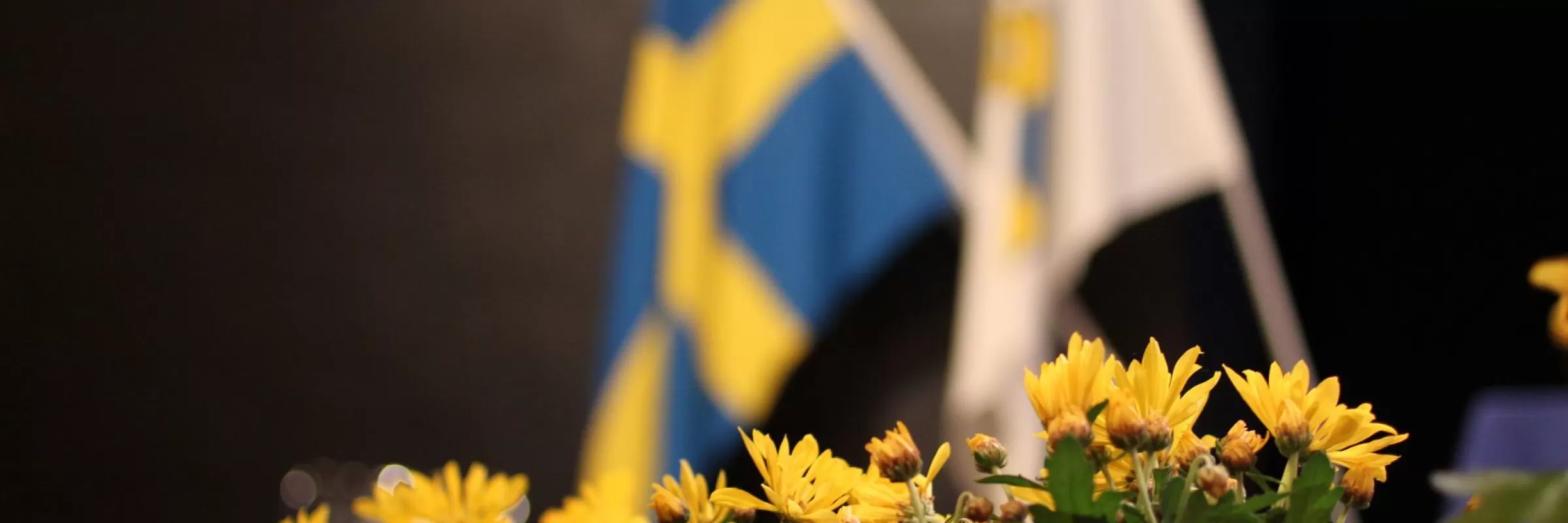 Fotografi av en kruka med gula blommor med två flaggor i bakgrunden, dels den blågula svenska flaggan och sedan standaret för Svenska Lottakåren